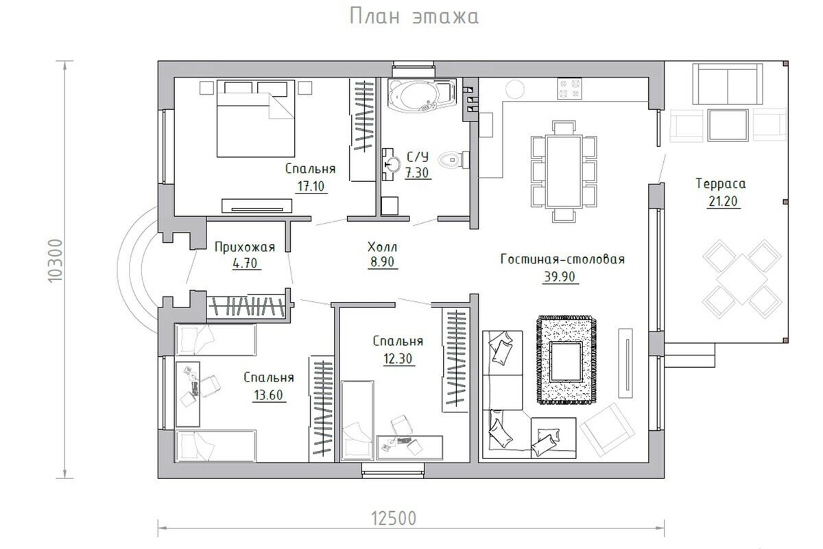 Проекты домов одноэтажных до 100 квадратов с 3 спальнями