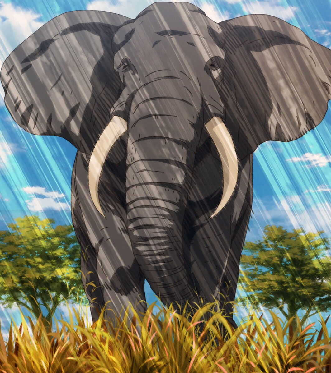 Картинка склеенная из нескольких аниме скриншотов: слон благодаря массивным ушам принимает низкочастотные волны на расстояние.