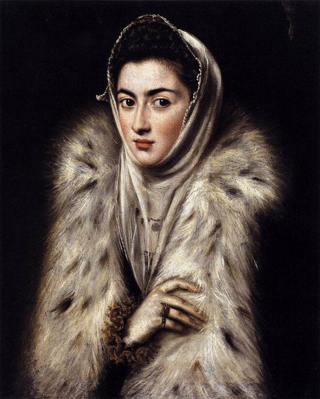 Алонсо Санчес Коэльо. «Дама в меховой накидке», конец 1570–середина 1580. Дом-музей Поллока, Глазго. Долгое время  считалось, что картина написана Эль Греко, однако по итогам технической экспертизы, проведённой в 1914 году в музее Прадо, авторство знаменитого испанского живописца было исключено