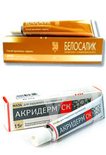
цена:
Белосалик: 350р. 30г.
Акридерм СК: 180р. 30г.
Действующее вещество: бетаметазон и салициловая кислота. 
Показания: псориаз, экзема (особенно хроническая), ихтиоз, ограниченная почесуха с сильной лихенизацией, атопический дерматит, диффузный нейродермит; простые и аллергические дерматиты; крапивница, мультиформная экссудативная эритема; простой хронический лишай (ограниченный нейродермит). Дерматозы, не поддающиеся лечению др. ГКС (особенно красный бородавчатый лишай), красный плоский лишай, дисгидроз кожи.