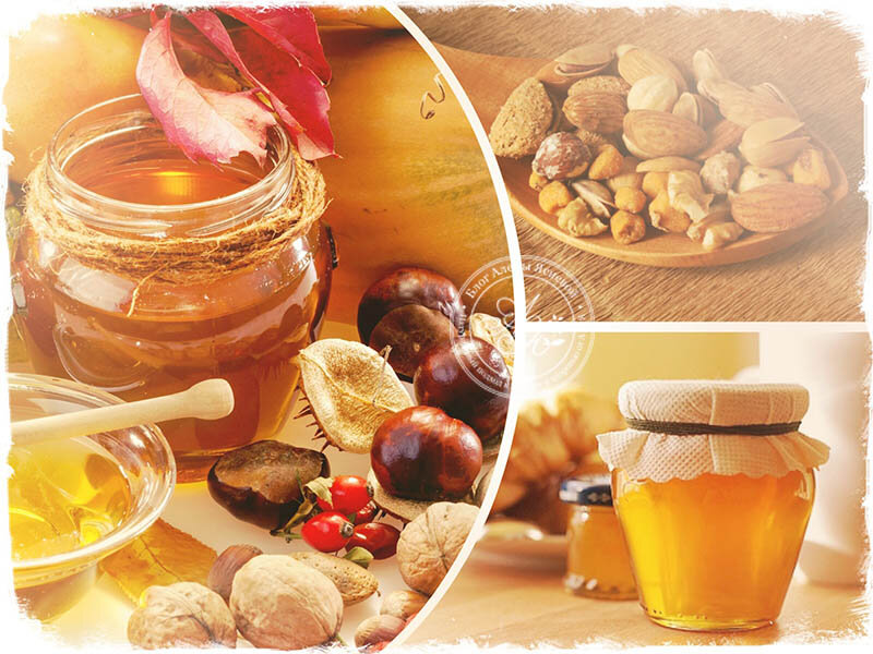 Миндаль. Витамины группы В и магний помогают выработке серотонина, влияющего на настроение. Цинк борется со стрессом, а витамин Е является хорошим антиоксидантом. 
Грецкие орехи содержат альфа-линоленовую кислоту и омега-3 жирные кислоты, необходимые для работы сердца и сосудов.

Отлично подходят в качестве перекуса или добавке к еде, но не более одной горсти в день, поскольку это очень калорийный продукт. Для мужчин орехи обеспечивают двойную пользу, повышая мужскую потенцию.