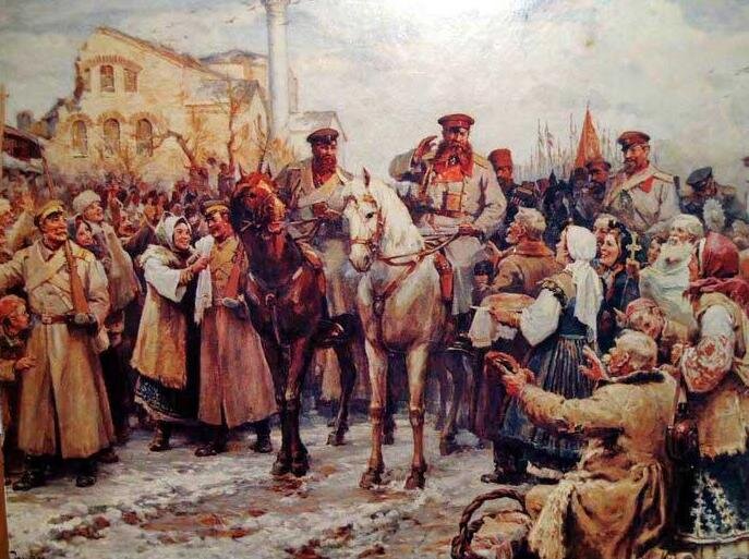 Освобождение Софии. За ликующим народом и солдатами не видно десятки расхищенных болгарами турецких лавок. 