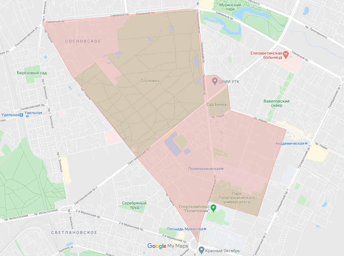 Границы района на карте Санкт-Петербурга