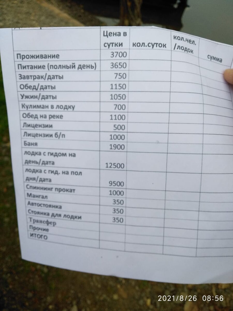 Прайс на услуги базы