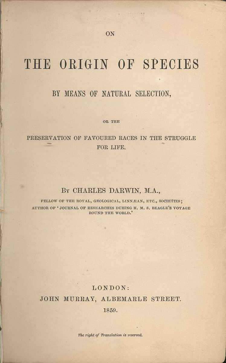 Титульная страница книги Чарльза Дарвина "Происхождение видов". 1859 год.