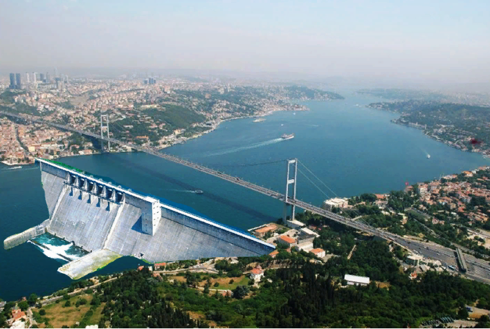 Плотина поперёк Босфора. Фантазия одного из сторонников строительства электростанции в проливе. В реальности ничего подобного не планировалось