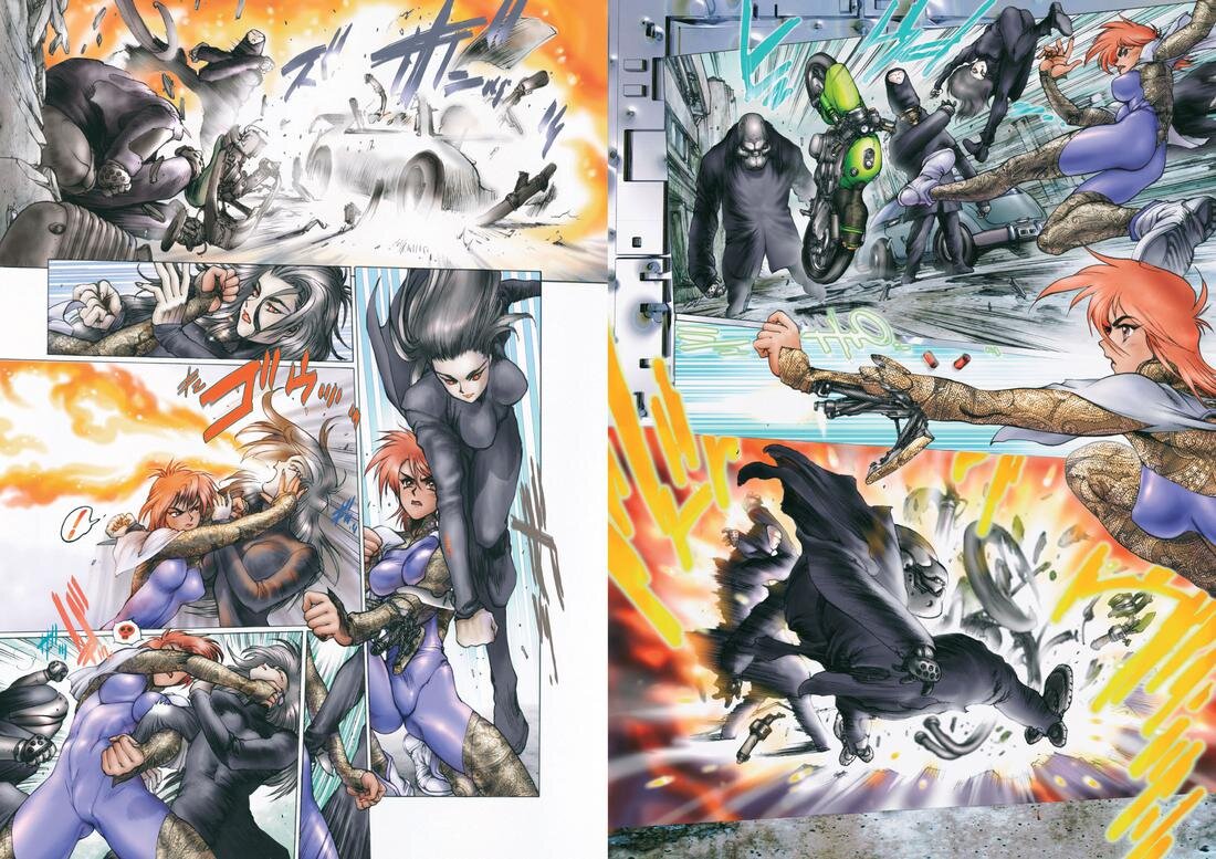 Разворот из манги Сиро Масамунэ «Призрак в доспехах 2. «Человеко-машинный интерфейс» © ООО «Издательская Группа «Азбука-Аттикус»