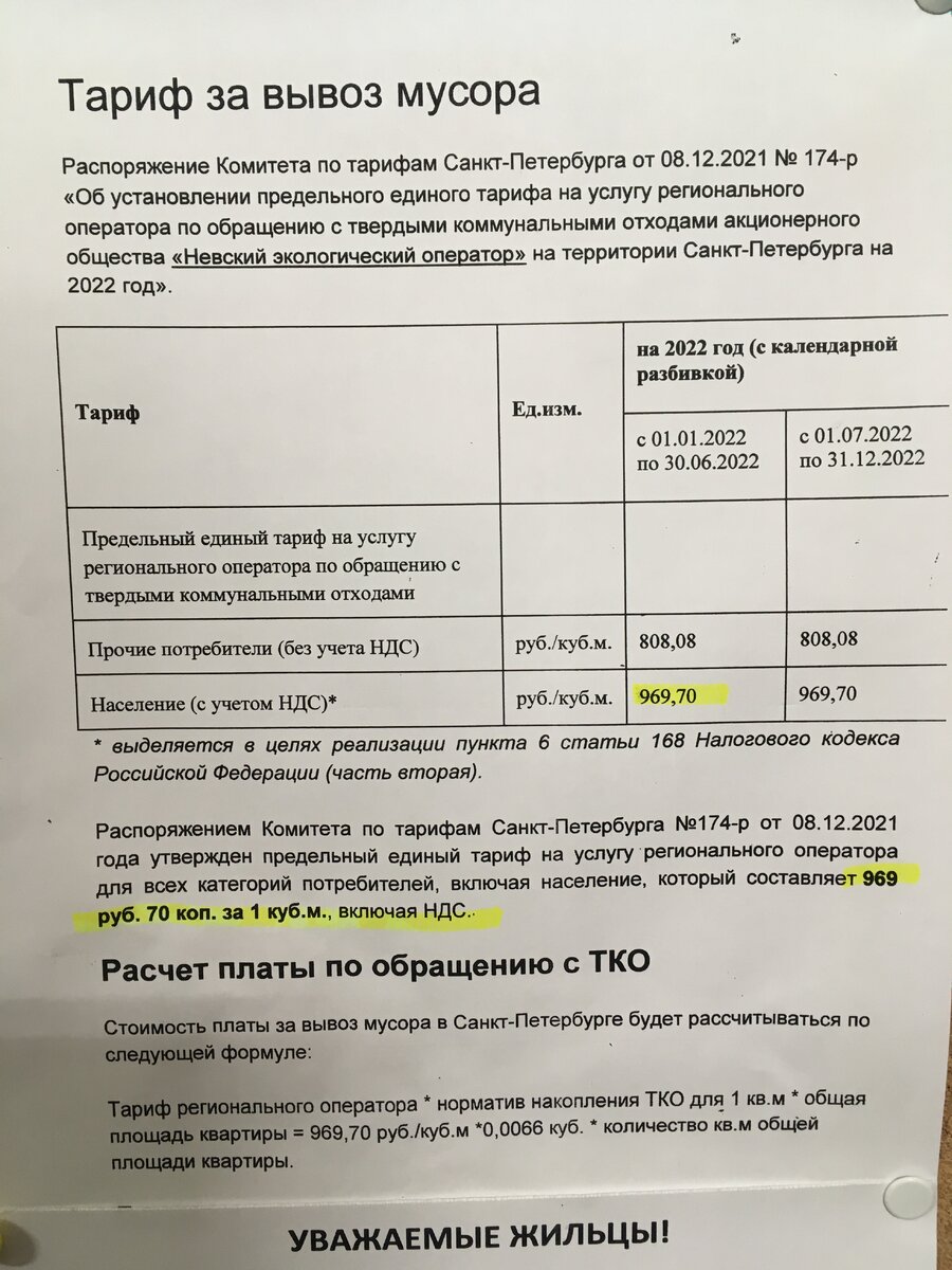 Тариф за вывоз мусора в СПб