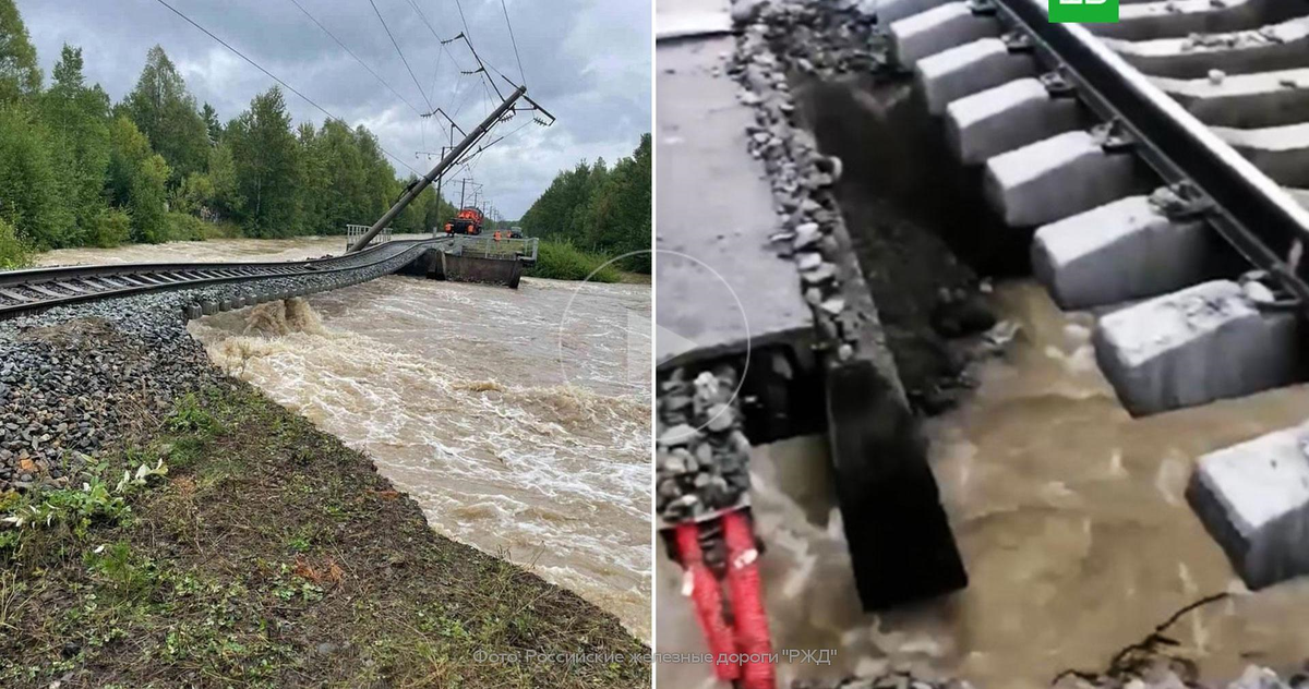 Размыло железную дорогу. Размыв пути. Дороги Бурятии. Дорога затоплена.